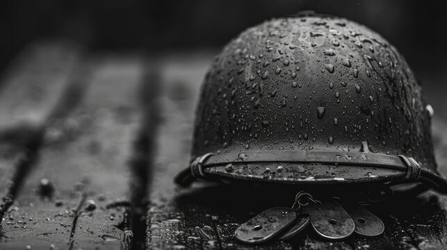 A black and white photograph of a worn-out military helmet and dog tags resting on a weathered wooden table.