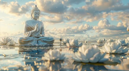 Buddha statue on water with lotus flower background.