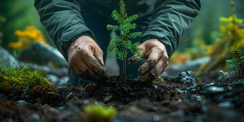 Reforestation and Environmental Rehabilitation Efforts: Planting a Pine Tree in a Forest. Concept Reforestation, Tree planting, Pine tree, Environmental rehabilitation, Forest restoration - obrazy, fototapety, plakaty