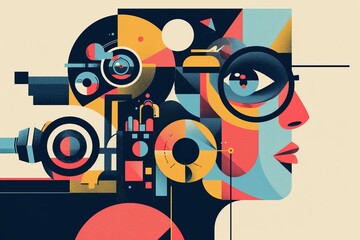 Abstract color composition with geometric shapes and woman head.