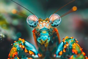 Close-up portrait of a colorful mantis shrimp with vibrant patterns and textures - Underwater wildlife - obrazy, fototapety, plakaty