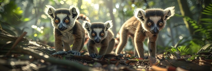 Curious lemurs in madagascar rainforest, detailed portrait with expressive faces and striped tails - obrazy, fototapety, plakaty