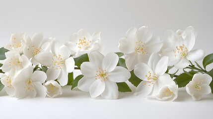 Naklejka na ściany i meble A beautiful arrangement of jasmine white flowers on a white background, perfect for wedding decor or as a simple yet elegant gift.
