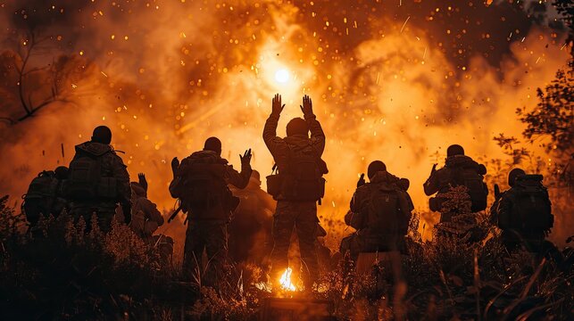 A silhouette of a group of soldiers raising their hands in a salute, their faces illuminated by the flickering light of a campfire.