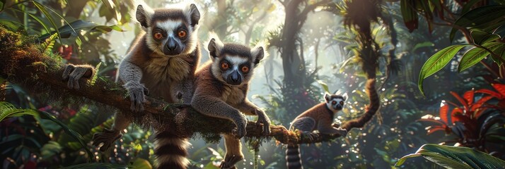 Naklejka premium Curious lemur family in madagascar rainforest detailed photorealistic masterpiece