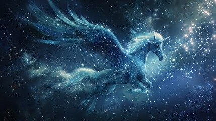 Mystical pegasus soaring through starry night sky with sparkling stardust trail.