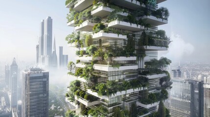 High-Rise Urban Forest: Design a skyscraper that - obrazy, fototapety, plakaty