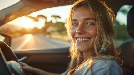 car interior view On the road with a person driving a happy car driving an EV