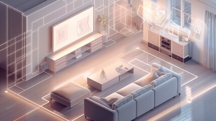  Present an isometric view of a smart living room 