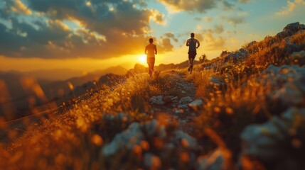 Two trail runners on a mountain path Runner or person exercising in the morning at sunrise. Hikers enjoy breathtaking mountain views surrounded by natural beauty. - obrazy, fototapety, plakaty