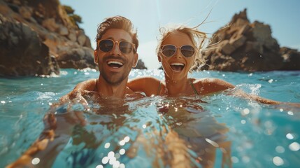 A young couple and a beautiful young woman wearing swimsuits play in the sea or a natural swimming pool showing couples having fun on vacation. - obrazy, fototapety, plakaty
