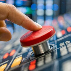 Closeup of an index finger pushing a big red button with blurry background