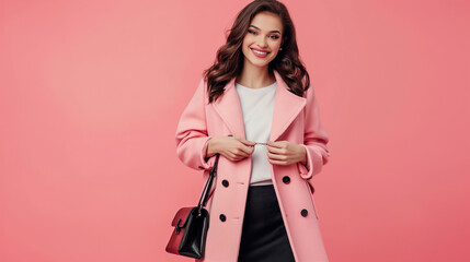 young beautiful stylish woman walking in pink coat, holding purse in hands, smiling, happy, spring summer trend, black skirt, white shirt, flirty on Apricot color background professional photography - obrazy, fototapety, plakaty