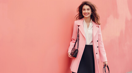 young beautiful stylish woman walking in pink coat, holding purse in hands, smiling, happy, spring summer trend, black skirt, white shirt, flirty on Apricot color background professional photography