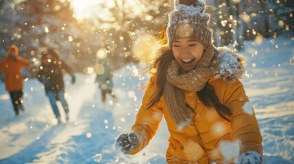 Woman in Snow Portrait with Christmas Hat and Fur, Smiling in Winter Wonderland