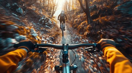 A mountain biker's first-person view of the trails as he pedals through the forest in the warm glow of the setting sun. - obrazy, fototapety, plakaty