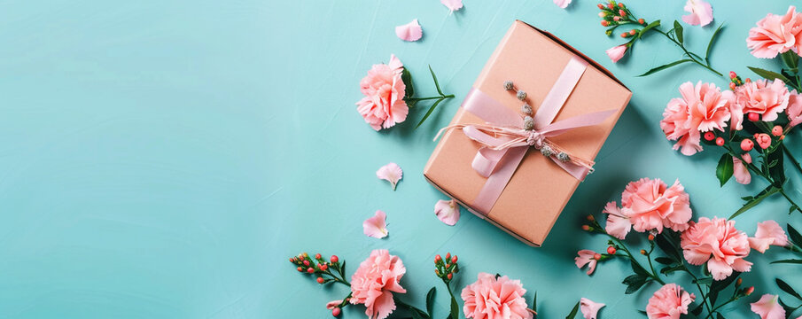 Mother's Day flat lay image featuring flowers and a gift box