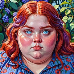 Obesity woman with Auburn hair and Blue eyes. Close-up Female portrait. Digital illustration. - obrazy, fototapety, plakaty