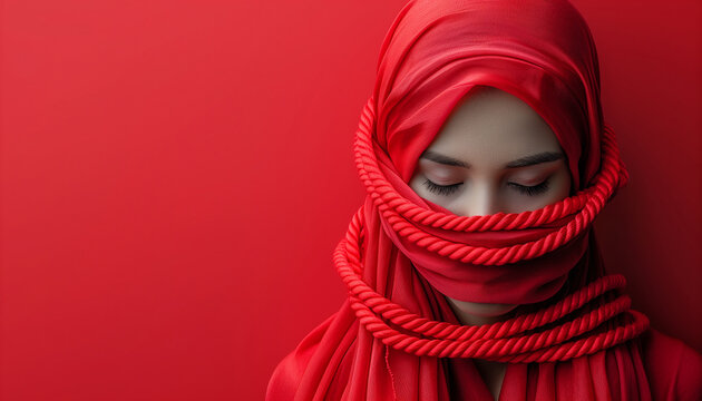 Mysterious woman with red scarf covering her face against a red background, with a serene expression, concept for the International Day of Zero Tolerance to Female Genital Mutilation