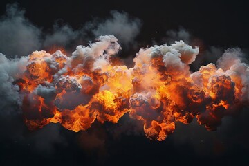 Dramatic series of realistic fiery explosions, orange flames and smoke, digital art