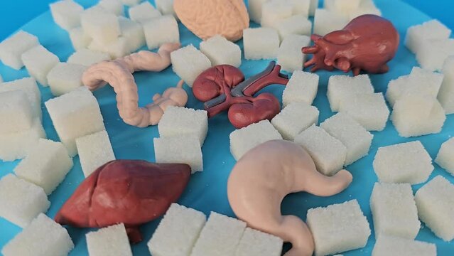 Effect of blood sugar levels on body condition. Sweet sugar and internal organs liver kidneys heart and stomach