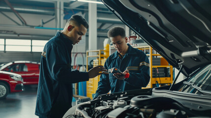 In the bright workshop of a car service centre, an auto mechanic with a diagnostic device in hand, consults with a colleague over the open bonnet of a car. Blur effect in the background