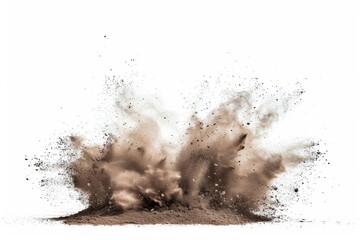 Dry soil explosion isolated on white background, abstract dust cloud - obrazy, fototapety, plakaty