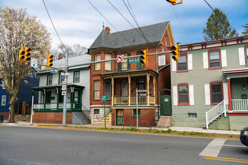Vintage architecture in historic downtown Martinsburg, West Virginia. Small colorful buildings of varied appearance.