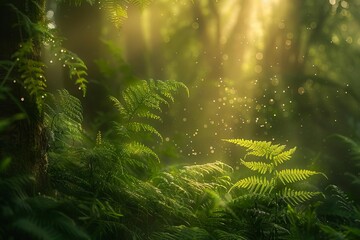 Enchanting forest glade bathed in soft morning light, lush greenery and dewdrops, nature photography - obrazy, fototapety, plakaty