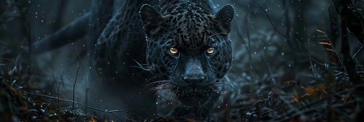 Nocturnal predator  black jaguar stealthily prowling under starlit sky in the depths of the forest