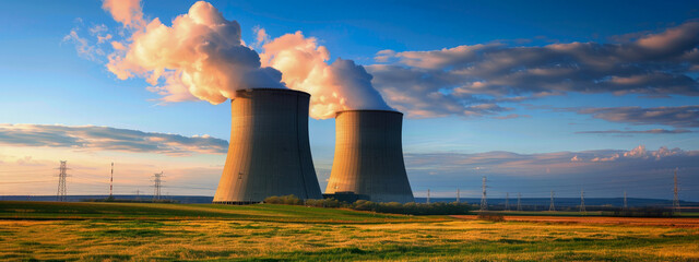 Two large power plants are emitting smoke into the sky