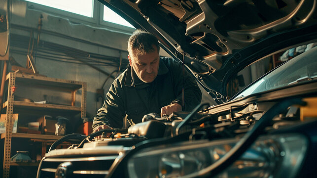 In the bright workshop of a car repair shop, an auto mechanic with a scope in his hands, works on the open bonnet of a car. Blur effect in the background