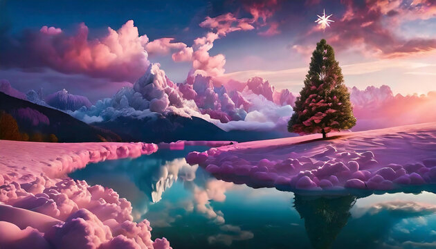 illustration d'un paysage de montagne dans les teintes rose avec une rivière sous un soleil couchant donnant des teintes rose