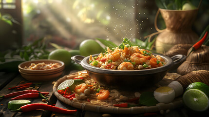 Fried rice with shrimp and various ingredients on a black table. Thai Food - obrazy, fototapety, plakaty