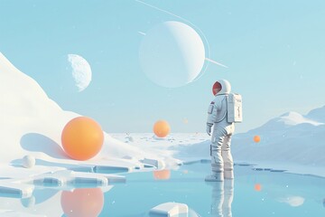 a astronaut standing on ice with orange balls