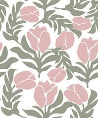 Aesthetic contemporary printable retro groovy flowers. Seamless pattern of trendy modern tulips on white background.