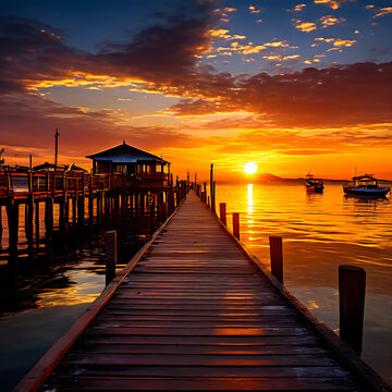 As the sun bids adieu, its golden hues paint the sky,
Embracing the pier, where boats silently lie.