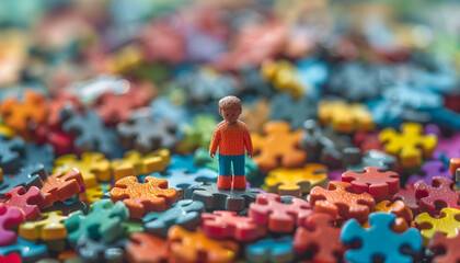 Miniature figure standing among scattered puzzle pieces, depicting problem-solving or complexity, concept for the World Autism Awareness Day - Powered by Adobe