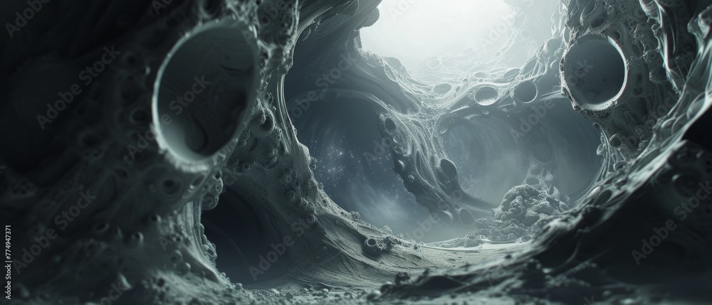 Fototapete a shadowy, surreal landscape with twisted, organic structures emerging from an abyss, rendered in hi