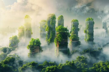 Futuristic eco-friendly city with vertical forests covering skyscrapers, concept of sustainable urban architecture combining nature and technology, digital art - obrazy, fototapety, plakaty