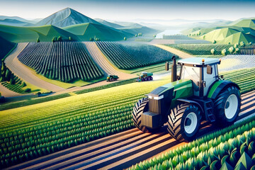 Tractor on the agriculture field, color illustration.