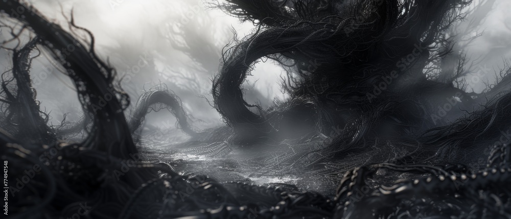 Fototapete a shadowy, surreal landscape with twisted, organic structures emerging from an abyss, rendered in hi