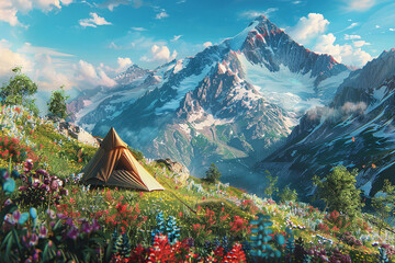 Majestic mountain vista with a tent pitched on a flower-strewn hillside.