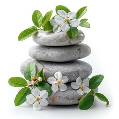 Tranquility in a serene spa setting, with balanced stones, cherry blossoms, and aromatherapy.