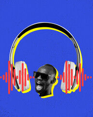 Monochrome face of emotional man and big headphones on blue background. Music lover. Contemporary art collage. Concept of music, performance, inspiration, creativity, festival, event. Poster, ad - obrazy, fototapety, plakaty