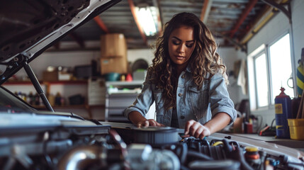 beautiful woman in a bright garage, working on the engine of her car with the bonnet open, Blur effect in the background