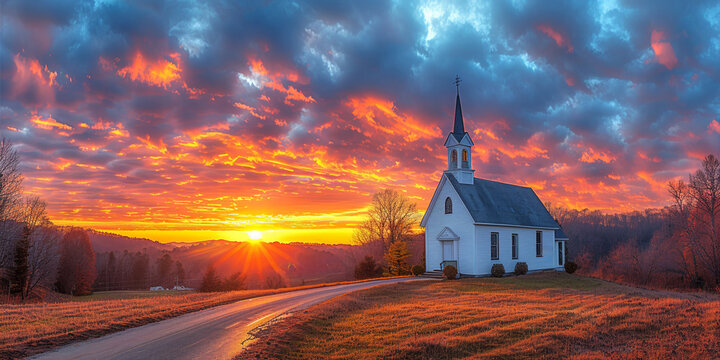 In the picturesque countryside, a majestic wooden church stands against a colorful autumn sunset.