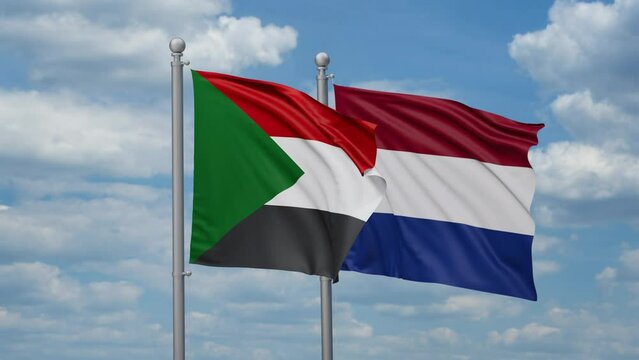 Netherlands and Sudan two flags waving together, looped video, two country relations concept