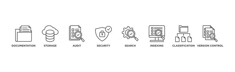 Document management system banner web icon vector illustration concept with icon of file, cloud storage, audit, security, search, indexing, classification, version control	