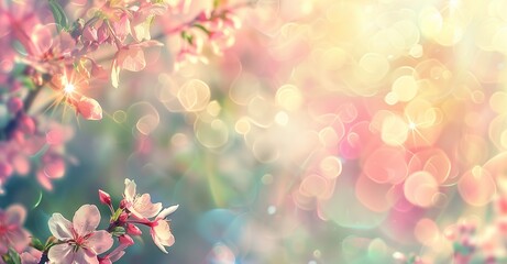 Beautiful spring background with a blooming tree, pastel colors, bokeh, sunlight and sun rays